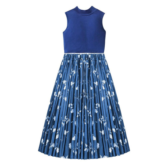 Wholesale Girls' 2 piece outfit Blue summer suit sleeveless vest top printed pleated skirt long skirt 7-13 years