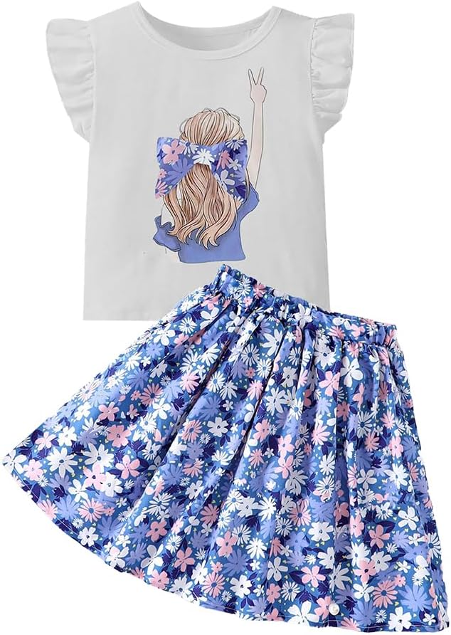 Wholesale Girls' 2 piece outfit, white ruffle sleeves printed top, blue floral skirt, skirt skirt set 8-12 Years