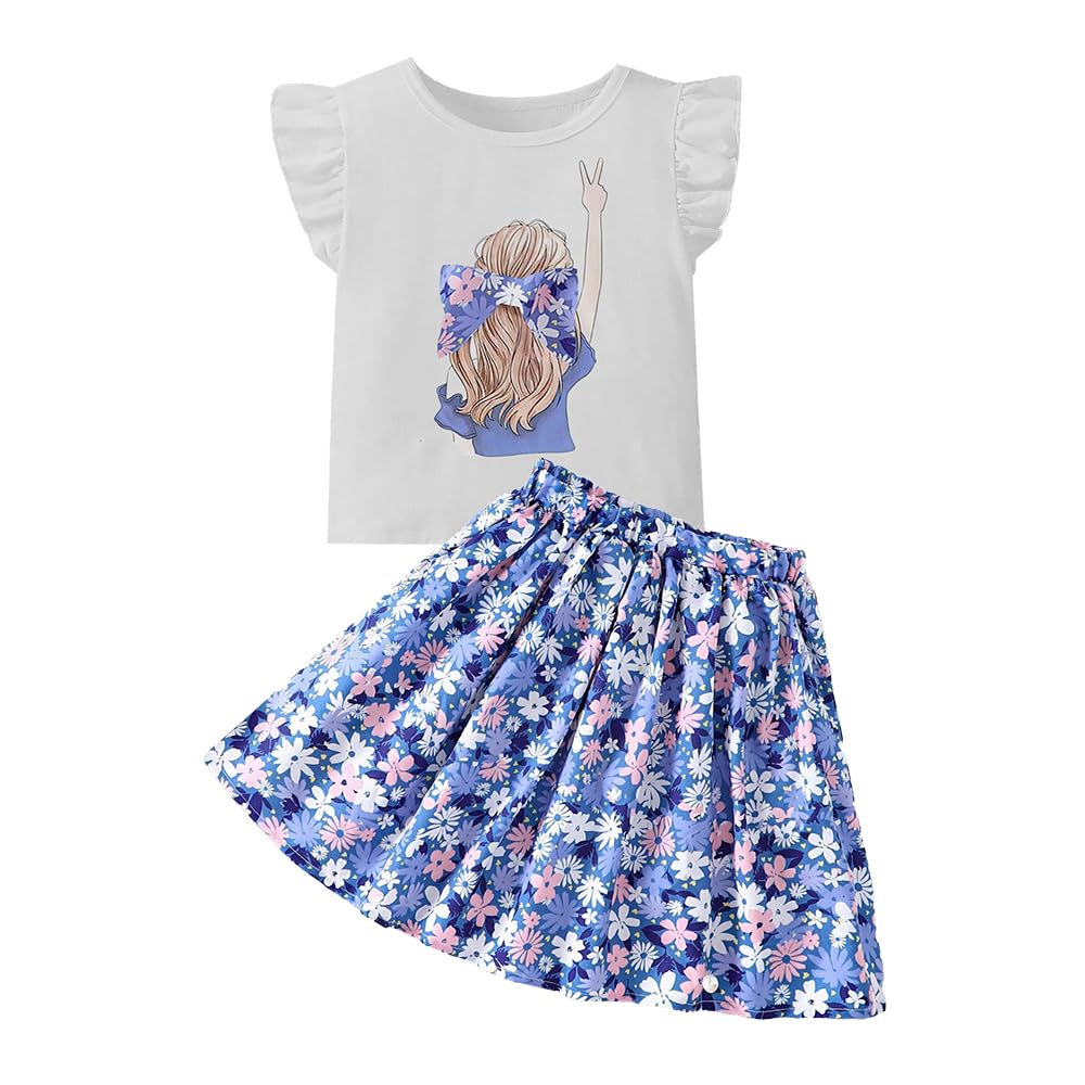 Wholesale Girls' 2 piece outfit, white ruffle sleeves printed top, blue floral skirt, skirt skirt set 8-12 Years