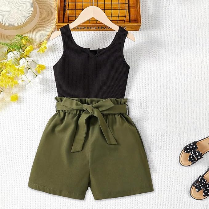 Wholesale Girls Casual Black Crop Tank Top with Paperbag Waist Army Green Summer Shorts 2 Piece Outfits Set 7-13 Years