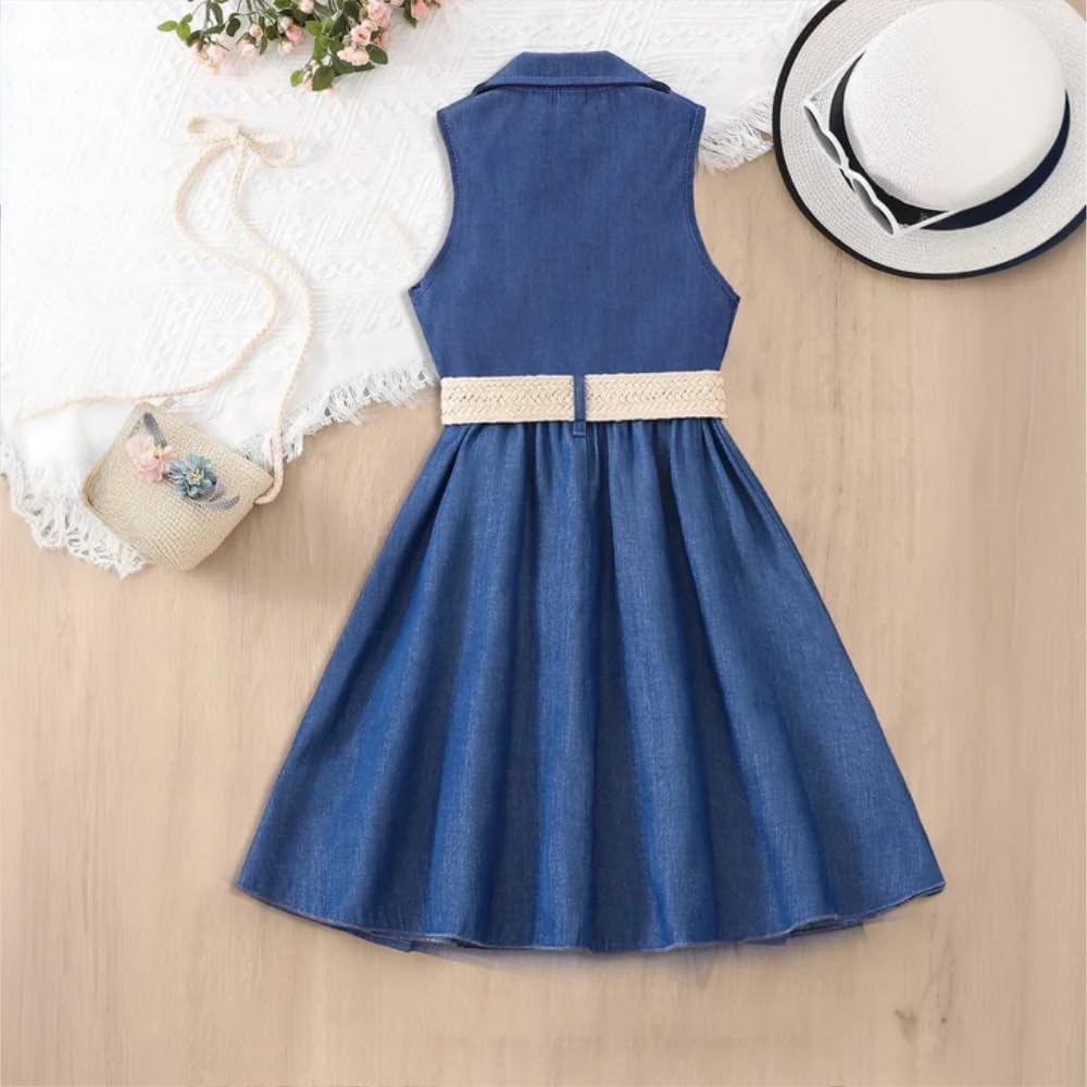 Wholesale Girl's Summer Dress Blue Sleeveless Skirt Casual Dress, Pleated Dress, Denim Skirt 8-12 Years