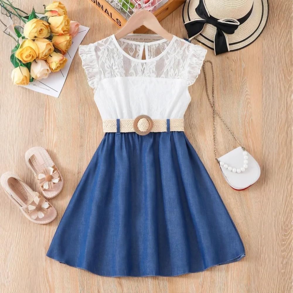 Wholesale Girls' Summer Dress, Sleeveless Lace Floral Dress, blue Pleated denim casual skirt 7-13 Years