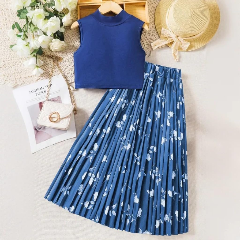 Wholesale Girls' 2 piece outfit Blue summer suit sleeveless vest top printed pleated skirt long skirt 8-12 years