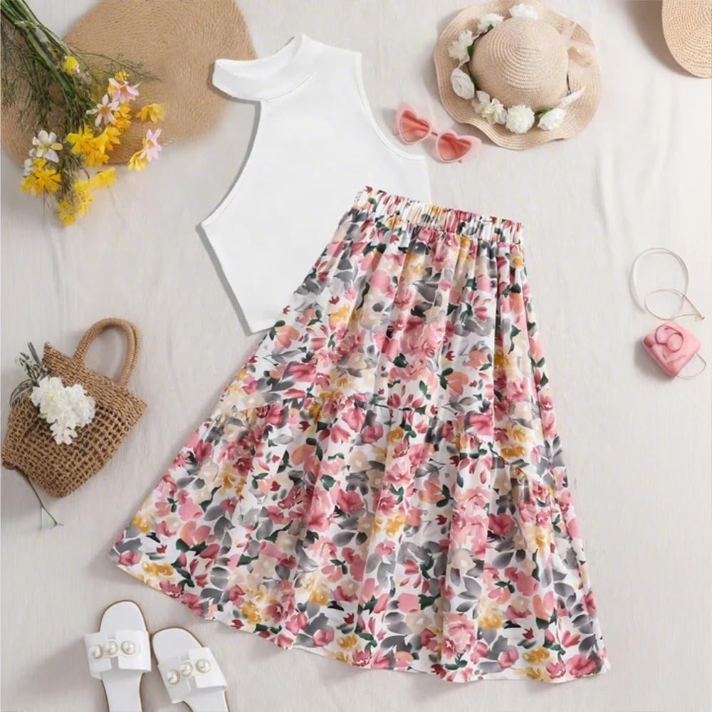 Wholesale Girls' 2 piece outfit white sleeveless One Shoulder Cut Out Top tops, floral skirts 7-13 Years