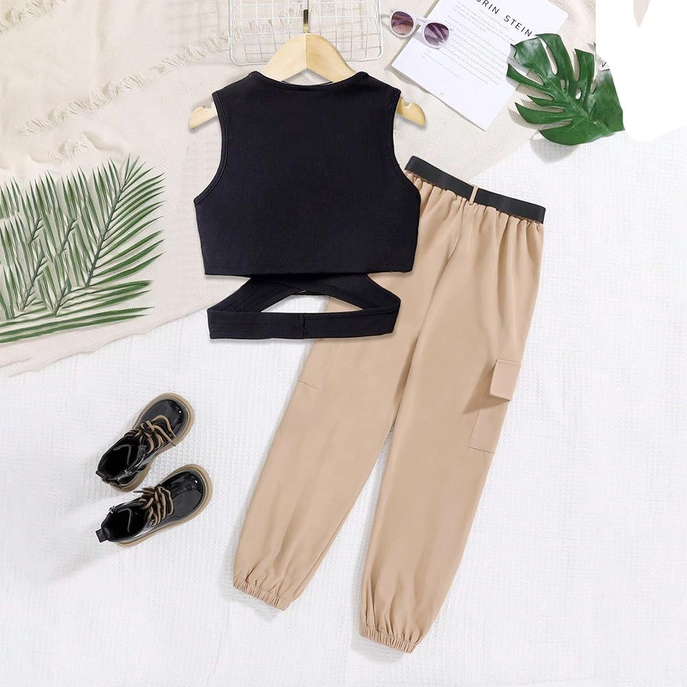 Wholesale Girls' Summer 2 Piece Outfit Pants kit,  Black Hollow V-neck T-shirt Crisscross Tank Top and Military Green Tapered Pants 2 Pockets 8-12 Years