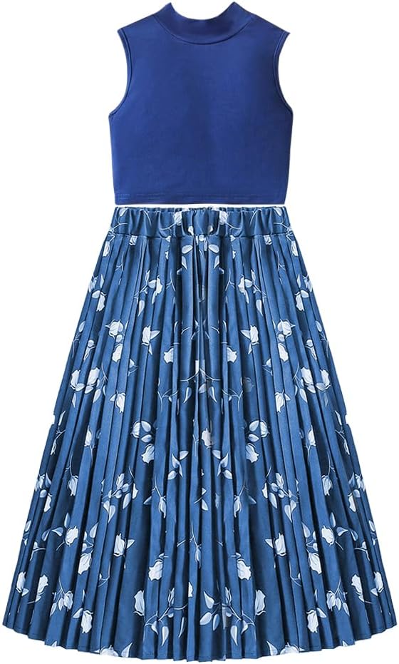 Wholesale Girls' 2 piece outfit Blue summer suit sleeveless vest top printed pleated skirt long skirt 8-12 years