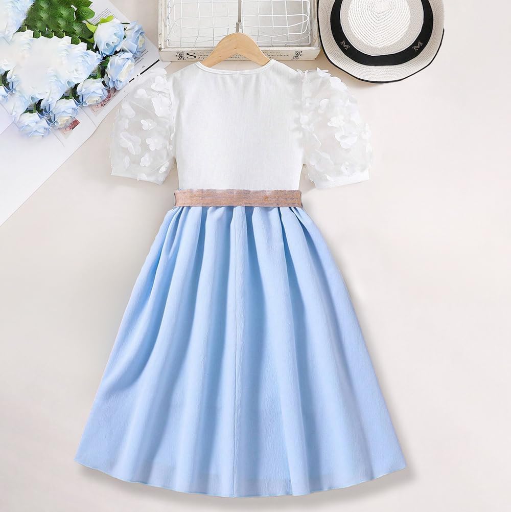 Wholesale Girls' Dress, White Flower Gauze Sleeves, Round Neck, Light Blue Dress Girl Child Skirt, Girls Party Outfit 8-12 Years