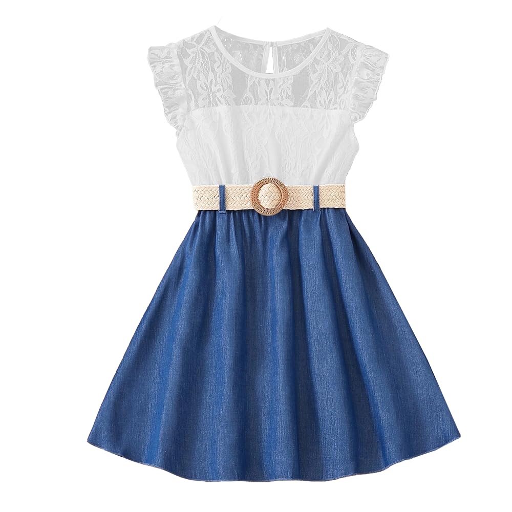 Wholesale Girls' Summer Dress, Sleeveless Lace Floral Dress, blue Pleated denim casual skirt 8-12 Years