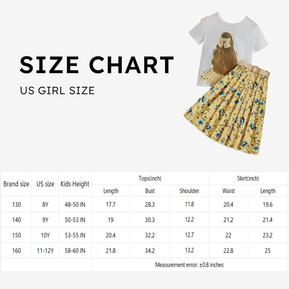 Wholesale Girl's 2 Pieces Outfits - White Character Print T-shirt Top and Yellow Floral Pleated Skirt Set 8-12 Years