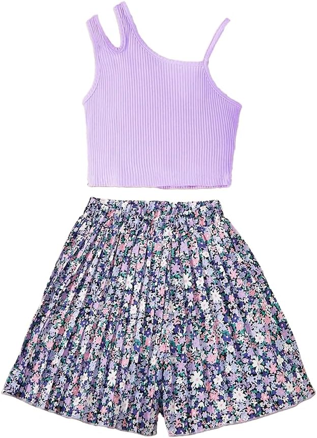 Wholesale Girl's Summer 2 Piece Outfits Short Sets Purple Vest Cami Crop Top Floral Printed Shorts 8-12 Years