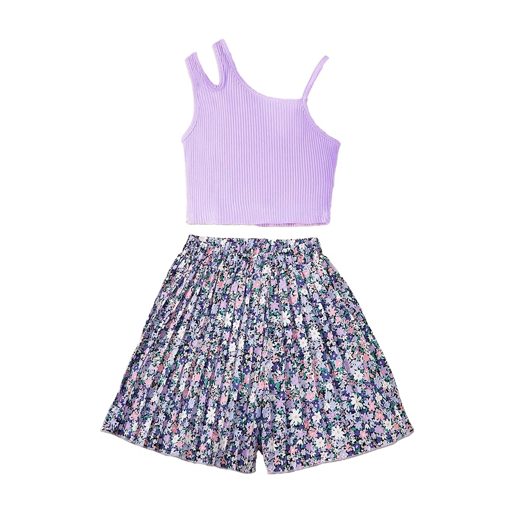 Wholesale Girl's Summer 2 Piece Outfits Short Sets Purple Vest Cami Crop Top Floral Printed Shorts 8-12 Years