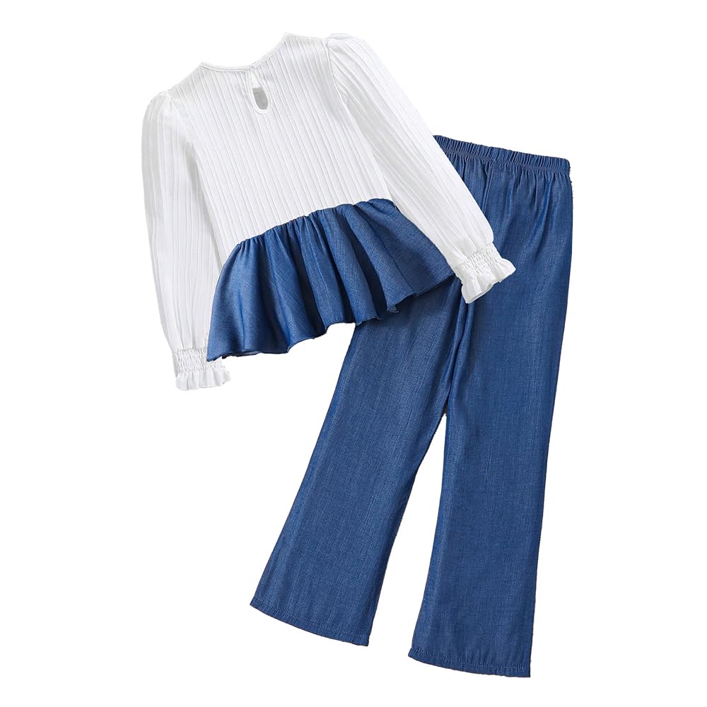 Wholesale Girls Long-sleeved ruffled top and denim pant kits 7-13 Years