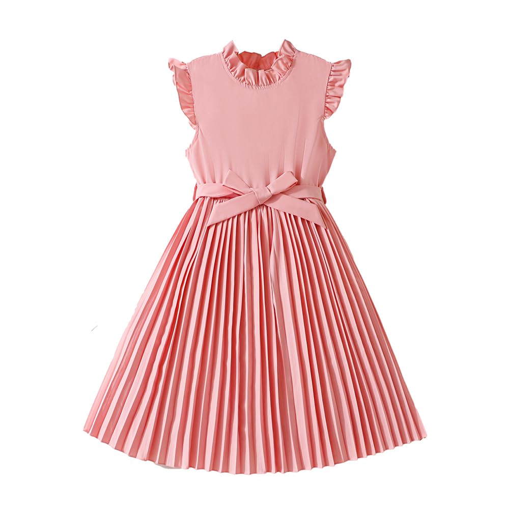 Wholesale Girls' Summer Dress, Ruffle Collar Sleeveless Solid Color Pleated Skirt with Belt Sweet Dress 8-12 Years