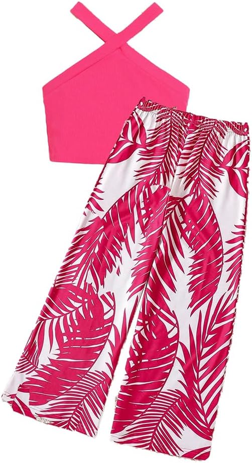 Wholesale Girl's Summer 2 Piece Outfits Rose Red Cross Vest Tank and Top Leaf Printed Pants Clothes Set 8-12 Years