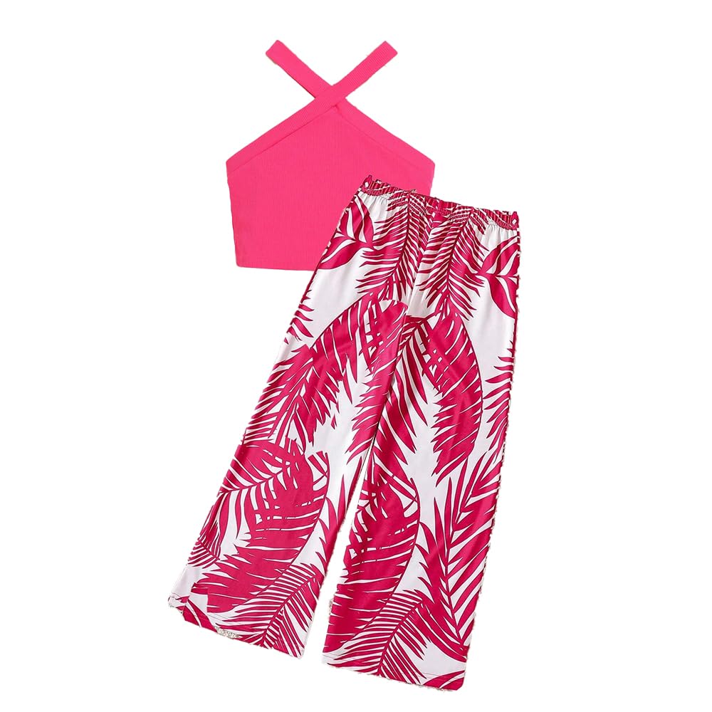 Wholesale Girl's Summer 2 Piece Outfits Rose Red Cross Vest Tank and Top Leaf Printed Pants Clothes Set 8-12 Years