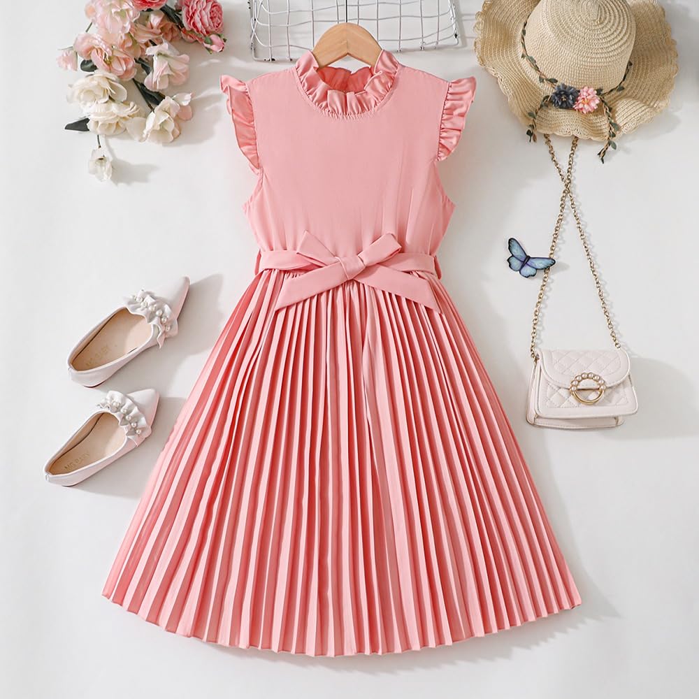 Wholesale Girls' Summer Dress, Ruffle Collar Sleeveless Solid Color Pleated Skirt with Belt Sweet Dress 8-12 Years