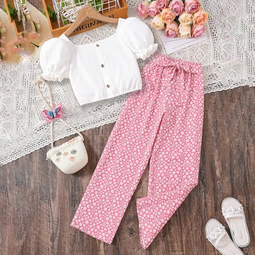 Wholesale Girls' Summer Outfit Bubble Sleeve Top and Petals Printed Pants 2 Piece Casual Clothing Set 8-12 Years