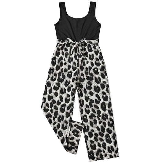 Wholesale Girls Jumpsuits Casual Summer Dressy Romper Sleeveless Wide Leg Long Leopard Pants Outfits Travel Clothes 8-12 Years