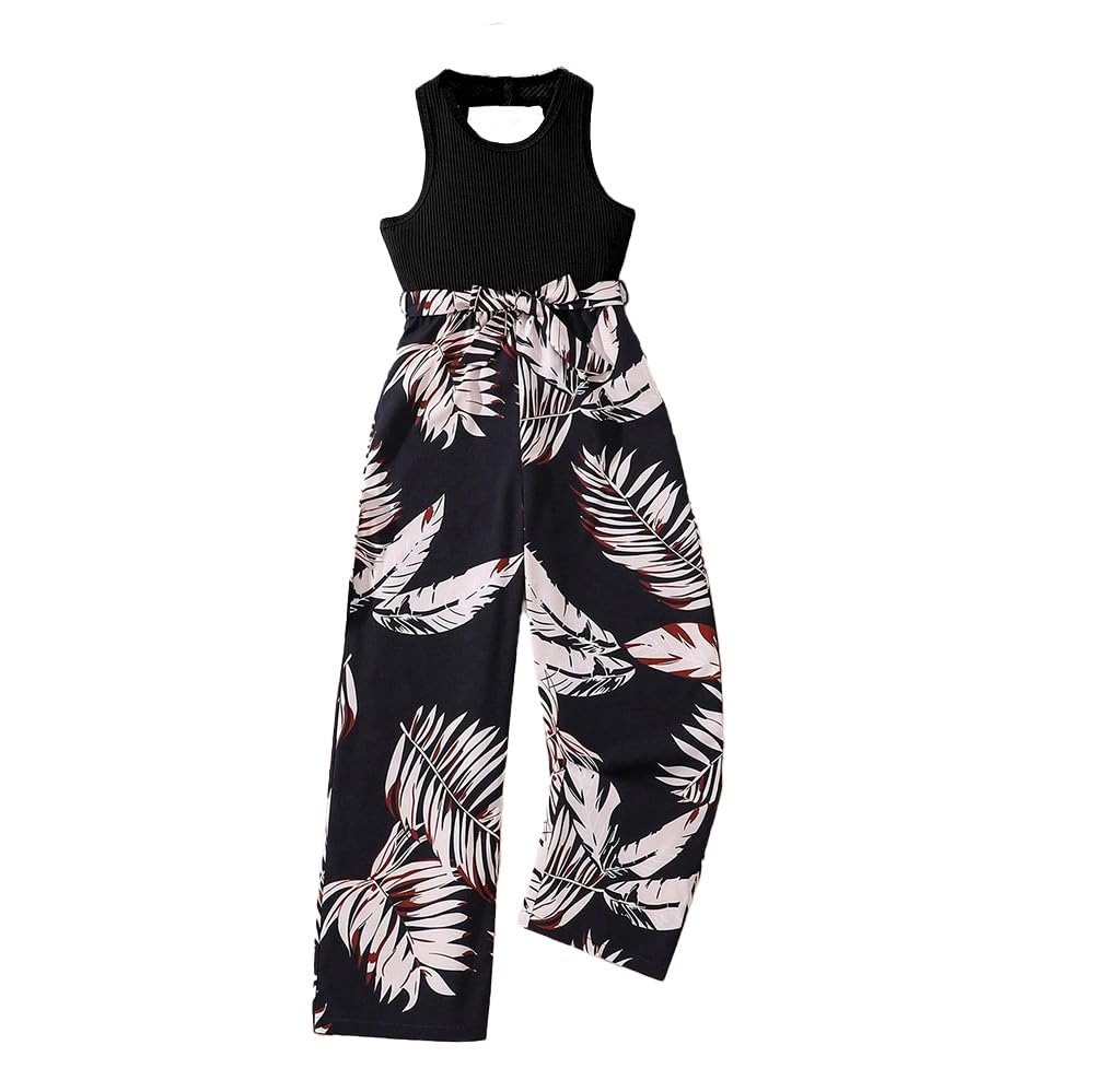 Wholesale Girls 2 Pieces Outfits Kids Black Sleeveless Neckline Top and Printed Pants Set 8-12 Years