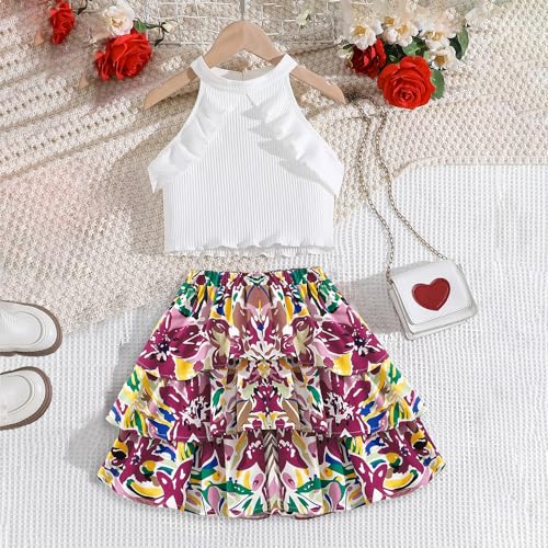 Wholesale Girls' Dress, Sleeveless Lace White Top Printed Cake Skirt Small Skirt Girls Big Kids Two-piece Set 8-12 Years