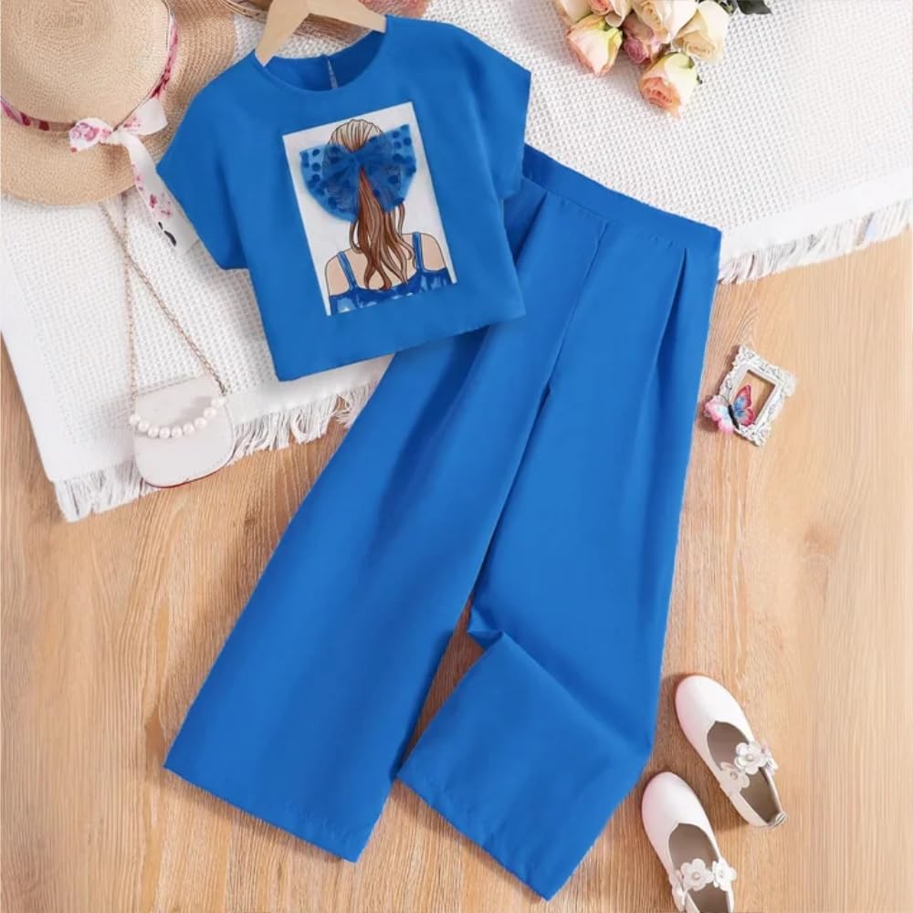 Wholesale Girl's Summer 2 Piece Outfits Bow Mesh Embellished Short Sleeve Top Solid Color Pants Wide Leg Pants Clothing Set