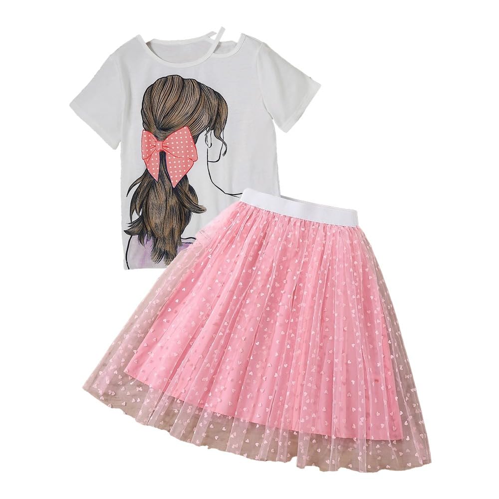 Wholesale Girl's 2 Piece Outfit White Pinted Shirt and Pink Overlay Mesh Skirt Set 8-12 Years