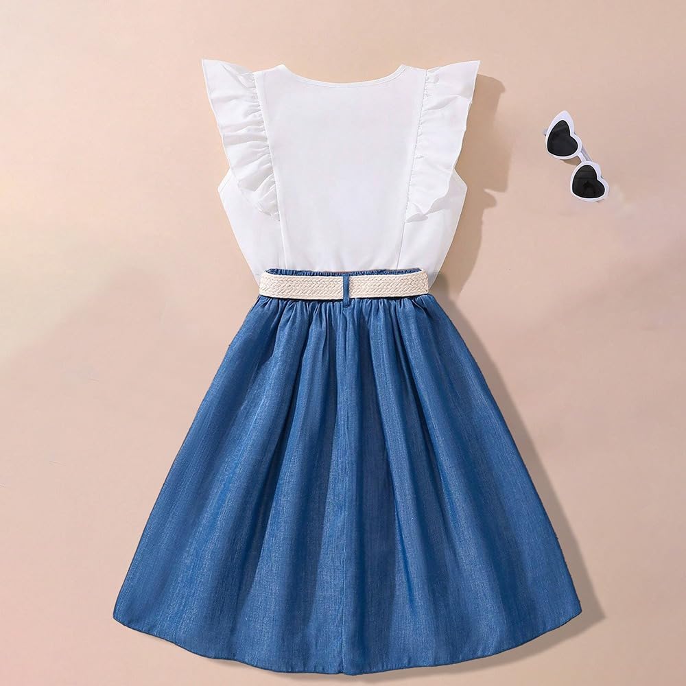 Wholesale Girls' 2 Piece Outfit Summer Skirt Square Neckline Ruffle White Sleeveless Top and Blue Demin Skirt Sets 7-13 Years