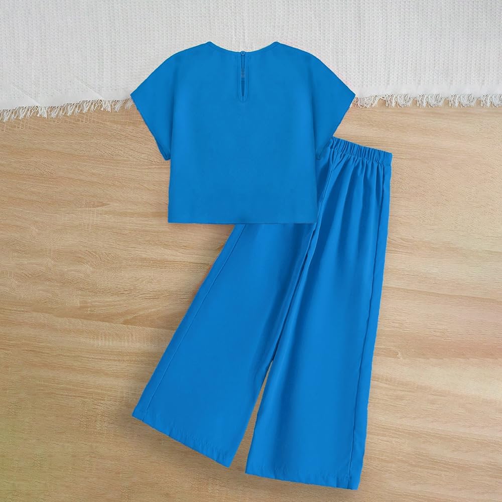 Wholesale Girl's Summer 2 Piece Outfits Bow Mesh Embellished Short Sleeve Top Solid Color Pants Wide Leg Pants Clothing Set