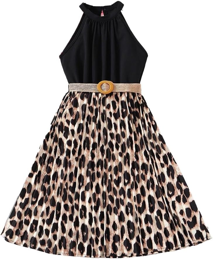 Wholesale Girls' Dress, Leopard Print Sleeveless Dress Sleeveless Hanging Neck Dress with Belt Decoration 8-12 Years