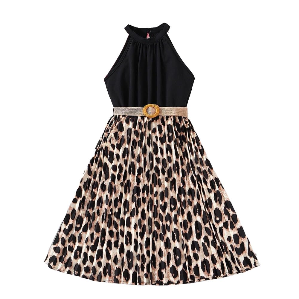 Wholesale Girls' Dress, Leopard Print Sleeveless Dress Sleeveless Hanging Neck Dress with Belt Decoration 8-12 Years