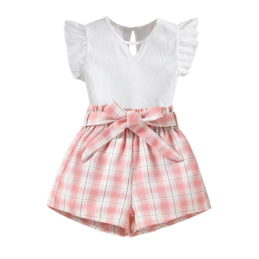 Wholesale Girls' Ruffle Trim T-shirt Causal Tops and Paperbag Plaid Shorts 2 Piece Summer Outfits Set 7-13 Years