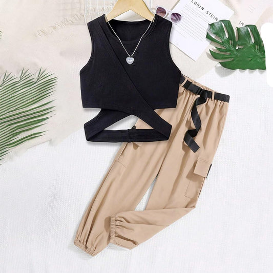 Wholesale Girls' Summer 2 Piece Outfit Pants kit,  Black Hollow V-neck T-shirt Crisscross Tank Top and Military Green Tapered Pants 2 Pockets 8-12 Years