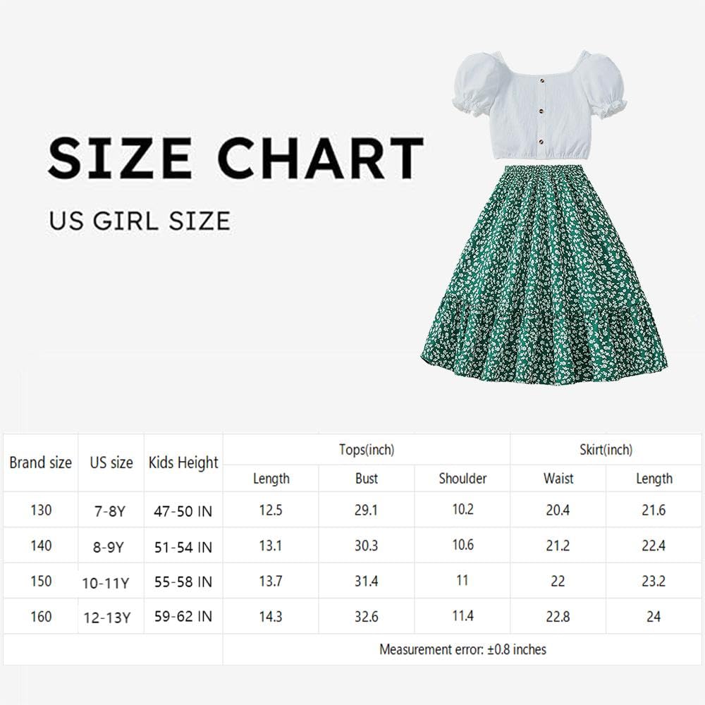 Wholesale Girls' Skirt Sets 2 Piece Outfit White Puff Sleeve Short Top GreenFloral Ruffle Skirt for 7-13 Years