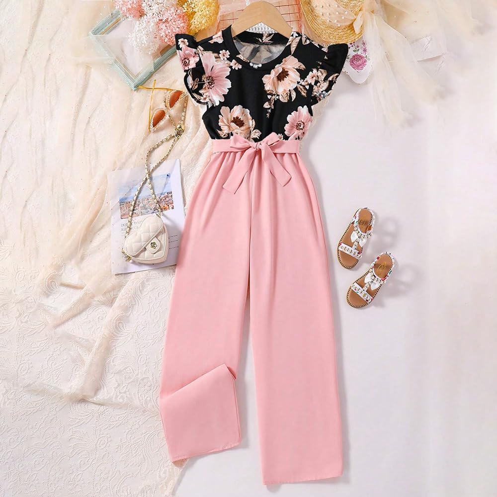 Wholesale Girl's Summer 2 Piece Outfits Ruffle Edge Floral Print Sleeveless Top and Loose Pants Set 8-12 Years