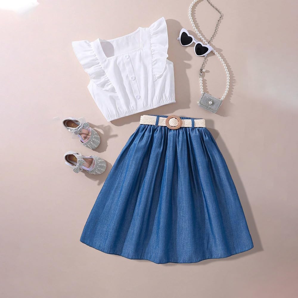 Wholesale Girls' 2 Piece Outfit Summer Skirt Square Neckline Ruffle White Sleeveless Top and Blue Demin Skirt Sets 7-13 Years