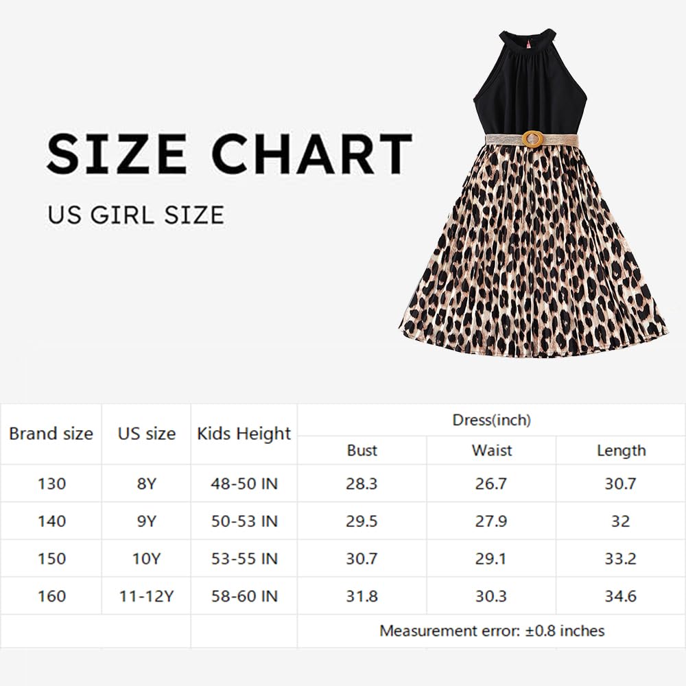 Wholesale Girls' Dress, Leopard Print Sleeveless Dress Sleeveless Hanging Neck Dress with Belt Decoration 8-12 Years