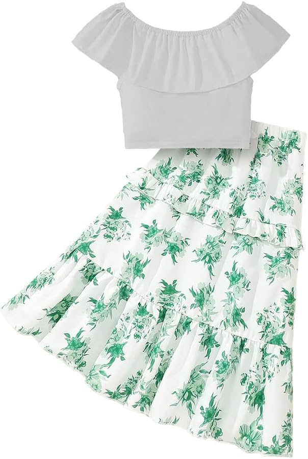 Wholesale Girl's 2 Piece Outfit White Ruffle Off-Shoulder Crop Top and Boho Green Floral Skirt Summer Dress 8-12 Years