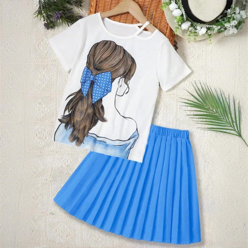 Wholesale Girls' Summer Dress Set - White Silhouette Top & Blue Pleated Skirt two-piece set 8-12 Years