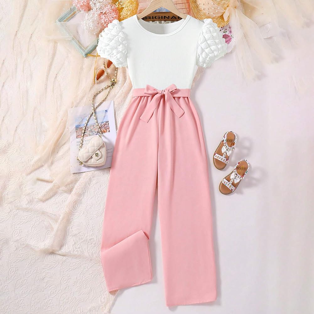 Wholesale Girls' Summer 2 Piece Outfit Pants kit,  White Bubble Sleeve Top and Pink Casual Belt Pants Clothing Set 8-12Years