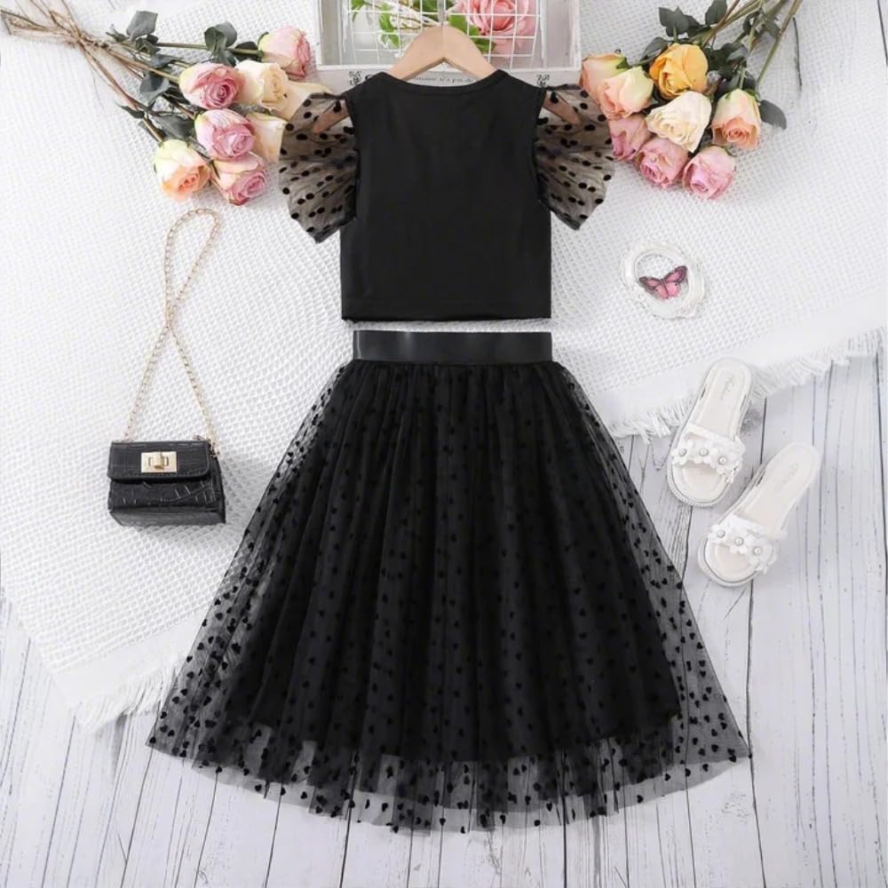 Wholesale Big Girl Skirt Set: Black Mesh Dress with Puff Sleeve & Double Mesh Skirt - Princess Dress 8-12 Years