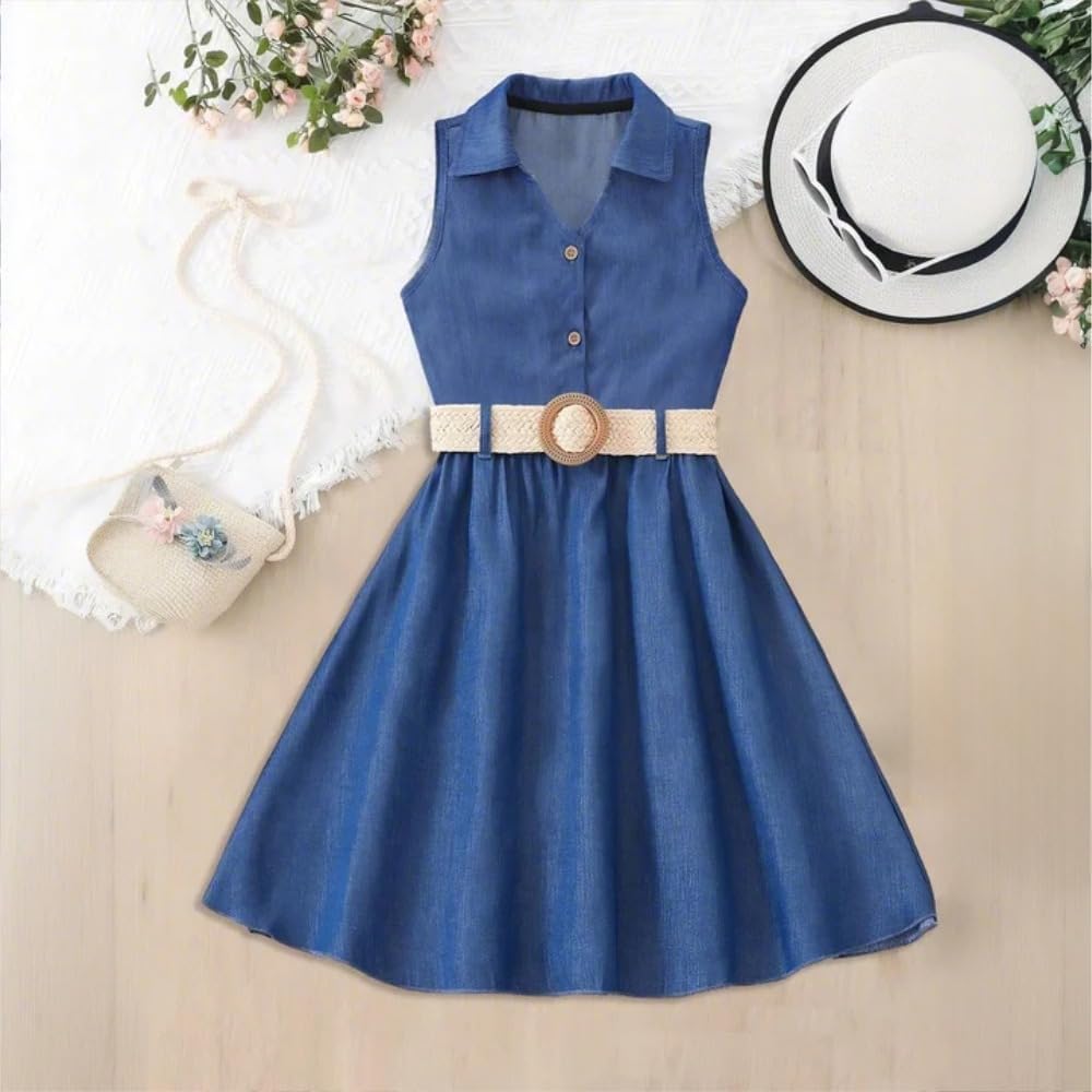 Wholesale Girl's Summer Dress Blue Sleeveless Skirt Casual Dress, Pleated Dress, Denim Skirt 8-12 Years