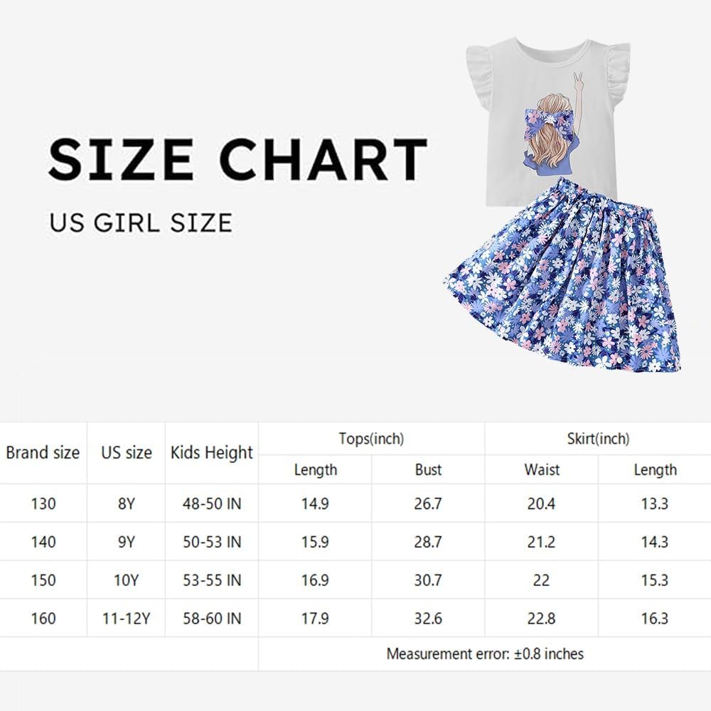 Wholesale Girls' 2 piece outfit, white ruffle sleeves printed top, blue floral skirt, skirt skirt set 8-12 Years