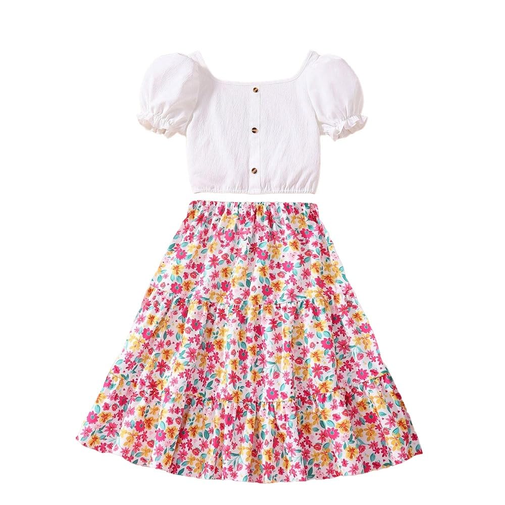 Wholesale Girls 2 Piece Outfit White Bubble Lace Sleeve Top Fragmented Flower Print Skirt Two Piece Set 8-12 Years