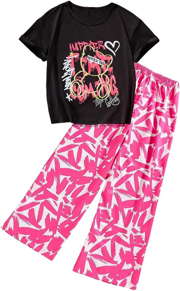 Wholesale Girls' Summer 2 Piece Outfit Pants kit, Heart Pattern T-shirt and Split Hem Flared Pants Clothing Set Size 8-12 Years