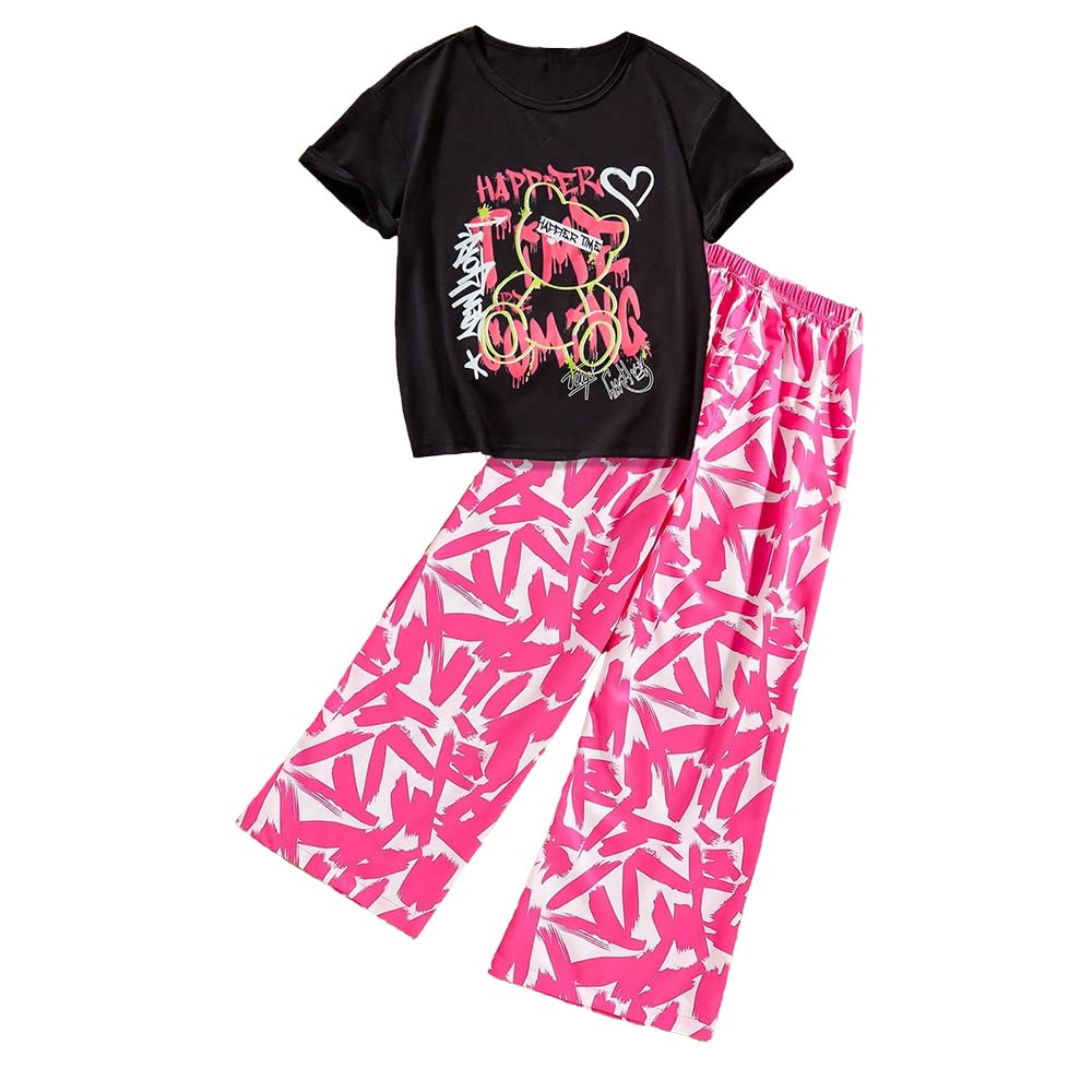 Wholesale Girls' Summer 2 Piece Outfit Pants kit, Heart Pattern T-shirt and Split Hem Flared Pants Clothing Set Size 8-12 Years