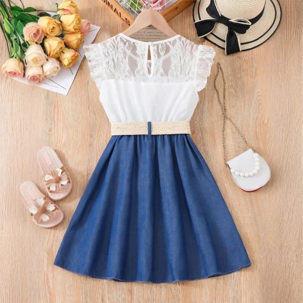 Wholesale Girls' Summer Dress, Sleeveless Lace Floral Dress, blue Pleated denim casual skirt 7-13 Years