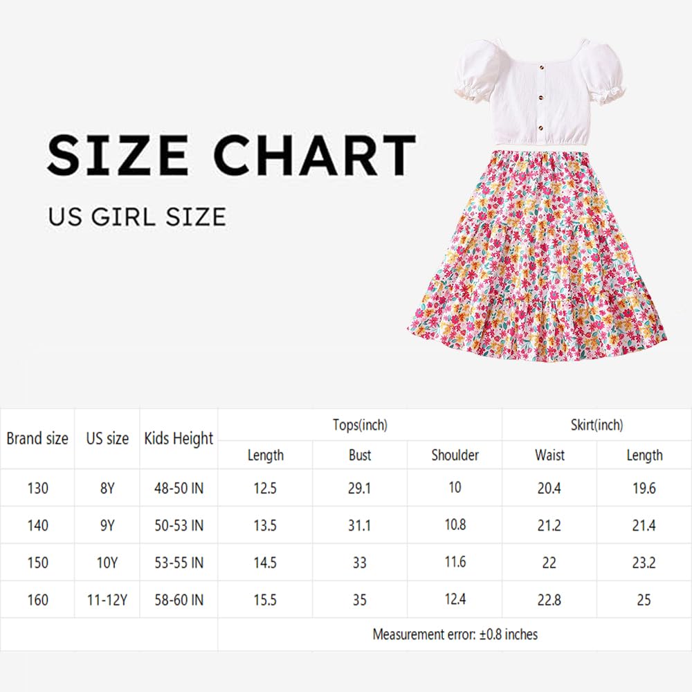 Wholesale Girls 2 Piece Outfit White Bubble Lace Sleeve Top Fragmented Flower Print Skirt Two Piece Set 8-12 Years