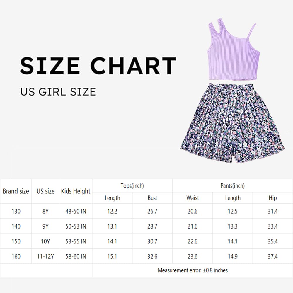 Wholesale Girl's Summer 2 Piece Outfits Short Sets Purple Vest Cami Crop Top Floral Printed Shorts 8-12 Years