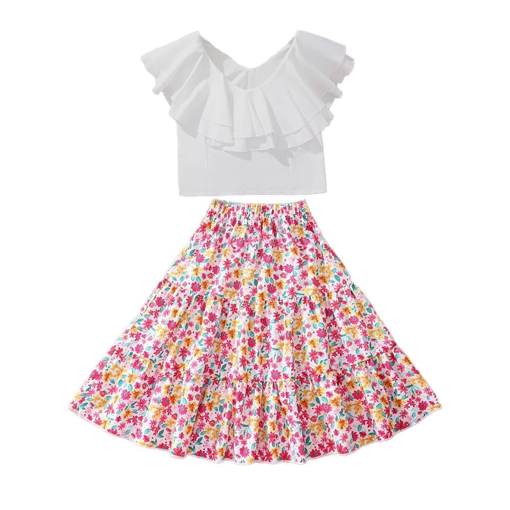 Wholesale Girls' 2 Piece Outfit Summer Skirt Suit Ruffle White Sleeveless Top Digital Print Floral Skirt Set 7-13 Years