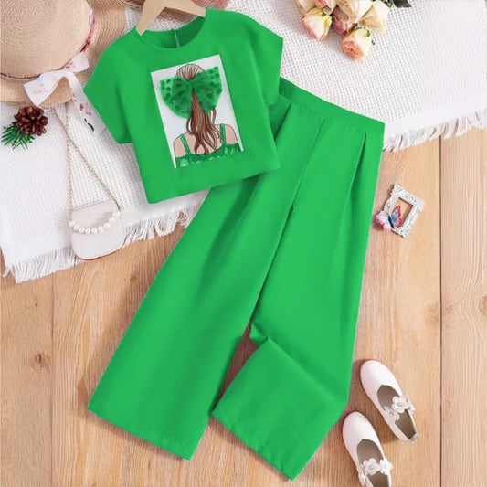 Wholesale Girl's Summer 2 Piece Outfits Bow Mesh Embellished Short Sleeve Top Solid Color Pants Wide Leg Pants Clothing Set